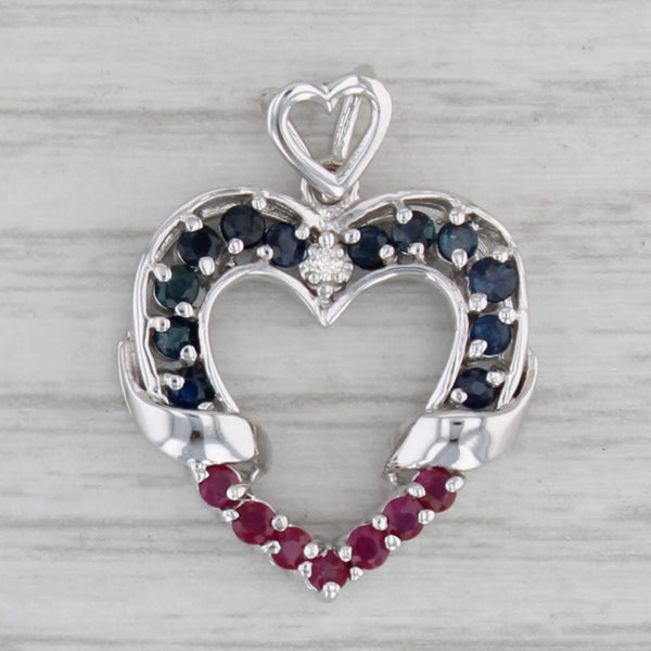 Gray 0.72ctw Blue Sapphire Red Ruby Open Heart Pendant 14k White Gold
