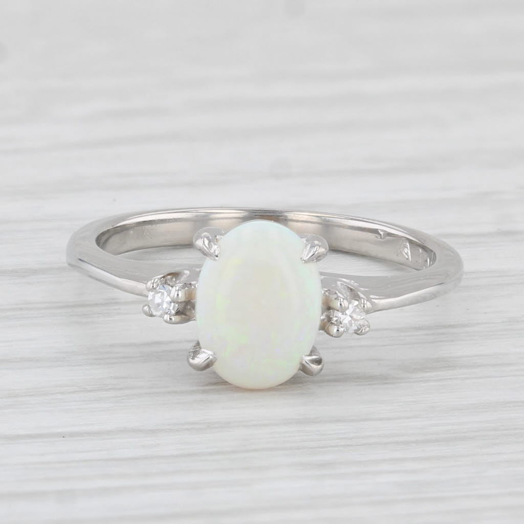 Light Gray Oval Cabochon Opal Diamond Ring 10k White Gold Size 5.75