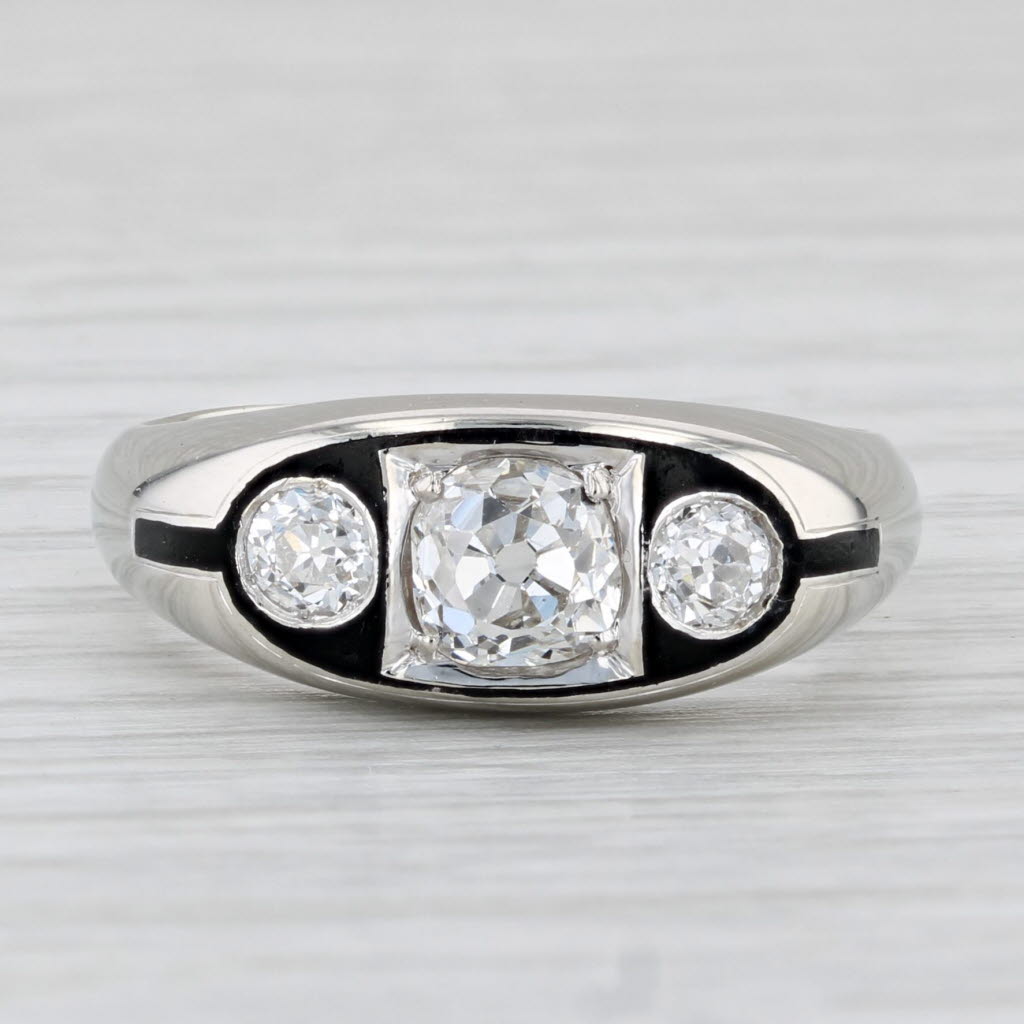 Light Gray Vintage 1.19ctw Diamond Round 3-Stone Ring 14k White Gold Enamel Size 9