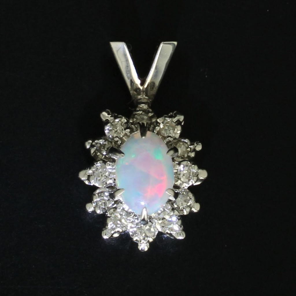 Black Opal Diamond Halo Pendant 14k White Gold Small Drop