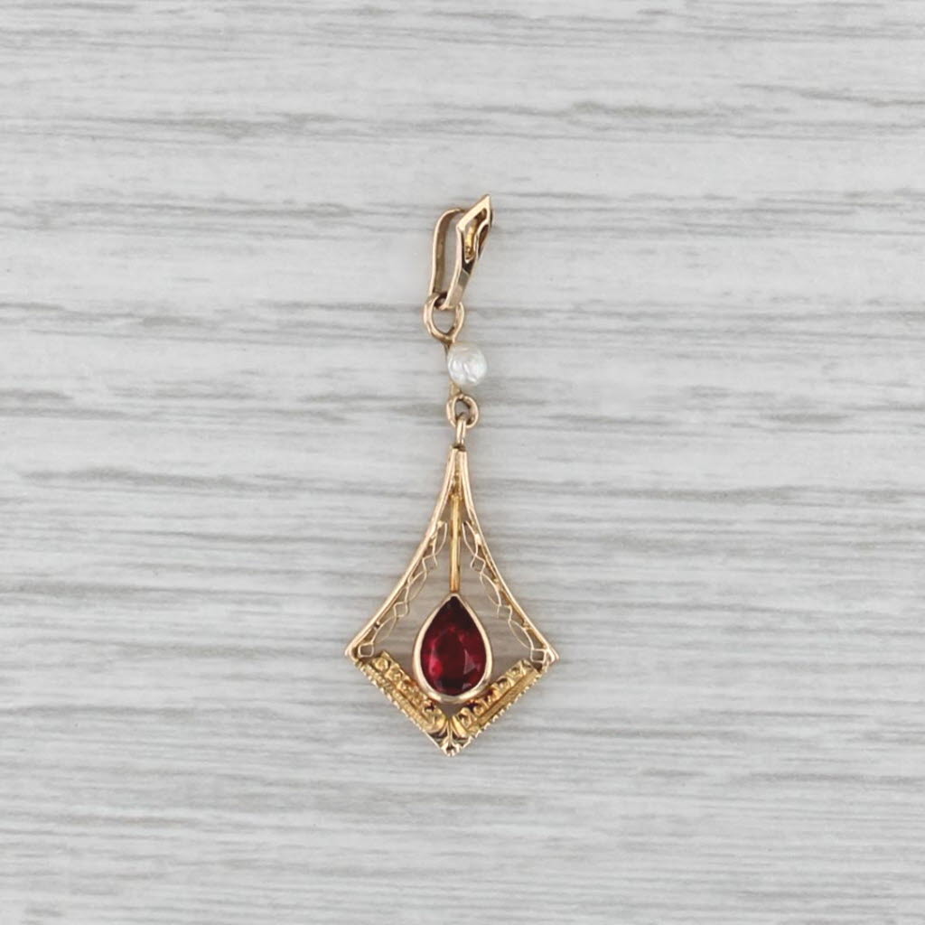Garnet Baroque Pearl Lavalier Pendant 10k Yellow Gold Vintage Drop