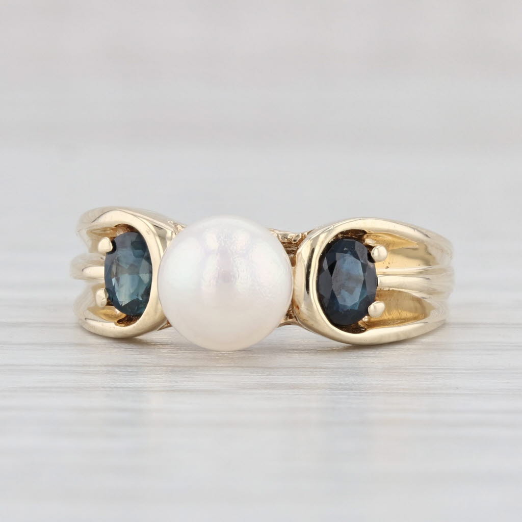 Light Gray Cultured Pearl 0.50ctw Blue Sapphire Ring 14k Yellow Gold Size 6