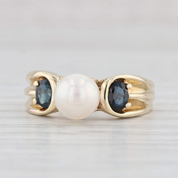 Light Gray Cultured Pearl 0.50ctw Blue Sapphire Ring 14k Yellow Gold Size 6