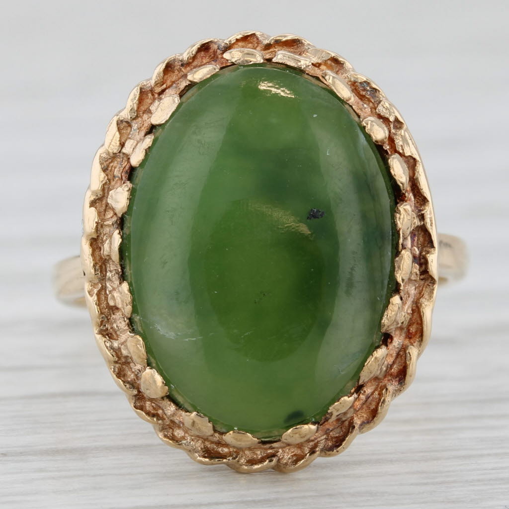 Light Gray Green Nephrite Jade Oval Cabochon Solitaire Ring 10k Yellow Gold Size 8.25