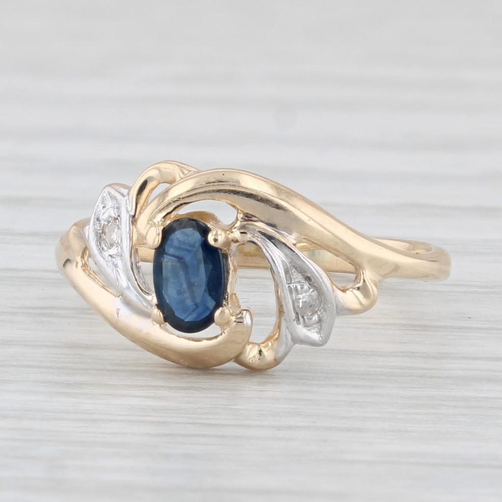 Light Gray 0.35ct Blue Sapphire Diamond Ring 14k Yellow Gold Size 4.5 Bypass