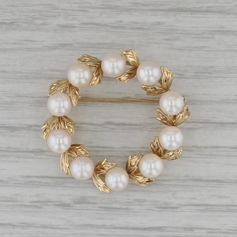 Mikimoto Cultured Pearl Wreath Brooch 14k Yellow Gold Floral Pin