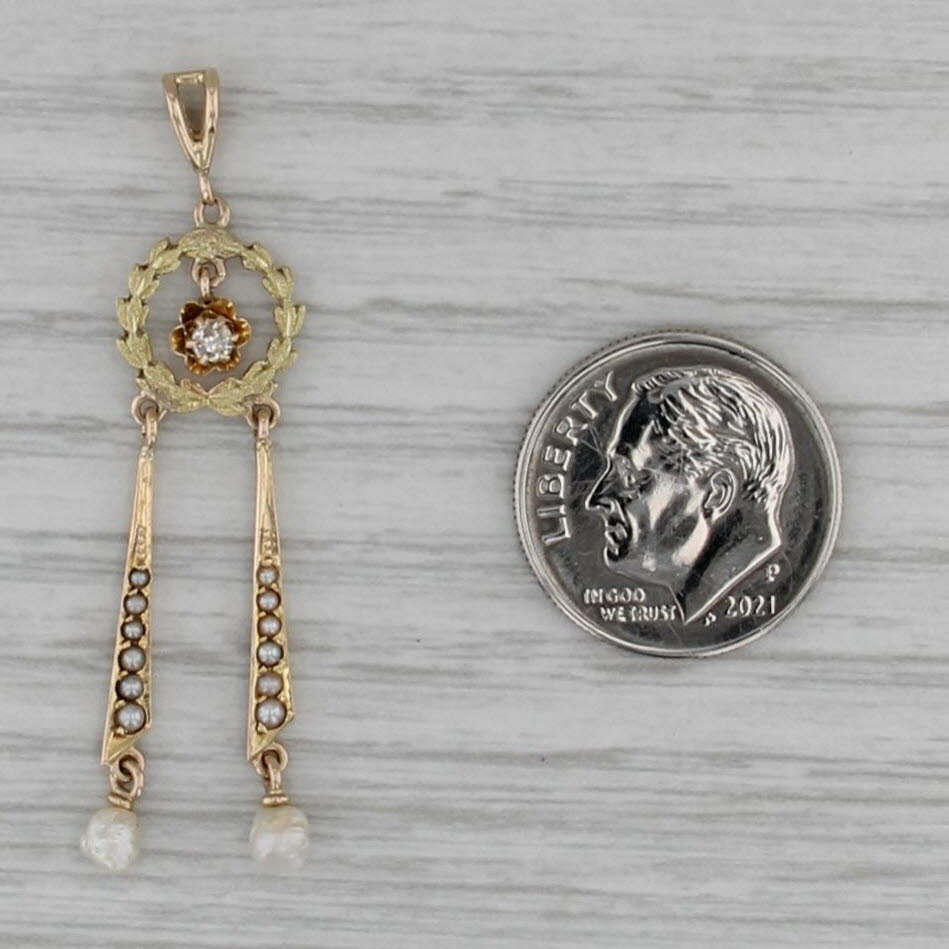 Antique Diamond Pearl Wreath Pendant 10k Yellow Green Gold Lavalier