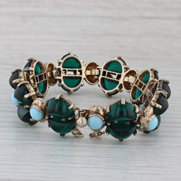 Vintage Green & Turquoise Glass Bracelet Sterling Silver 7.25" Statement