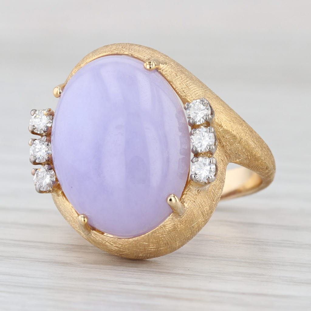 Purple Jadeite Jade Diamond Bypass Ring Brushed 14k Yellow Gold Sz 6.5 Cocktail