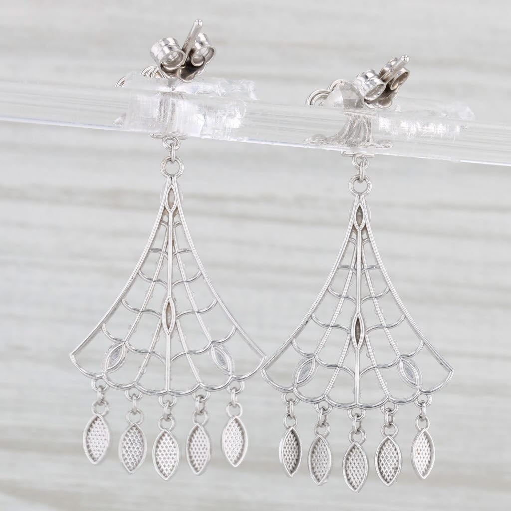 Light Gray Webbed Filigree Fringe Dangle Earrings 14k White Gold Pierced Drops