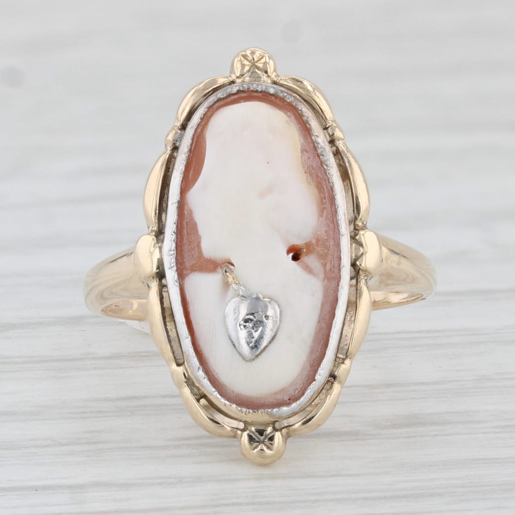 Light Gray Vintage Carved Shell Cameo Ring 10k Yellow Gold Size 4.75 Diamond Accent