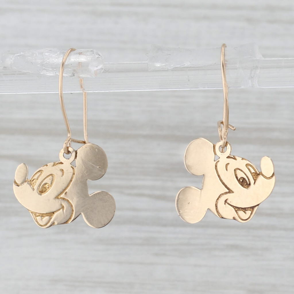 Light Gray Mickey Mouse Dangle Earrings 14k Yellow Gold Disney Cartoon