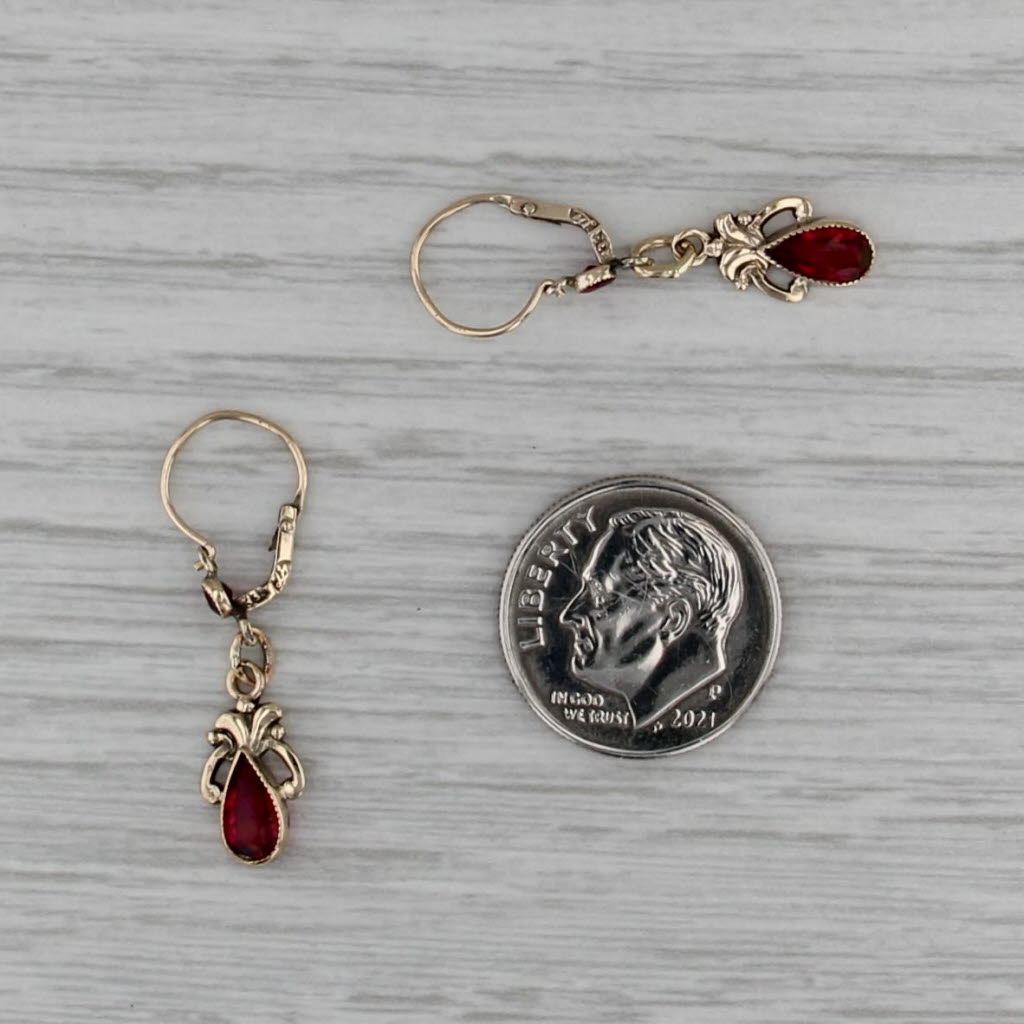 Antique Red Glass Teardrop Dangle Earrings 9k Yellow Gold Hook Posts