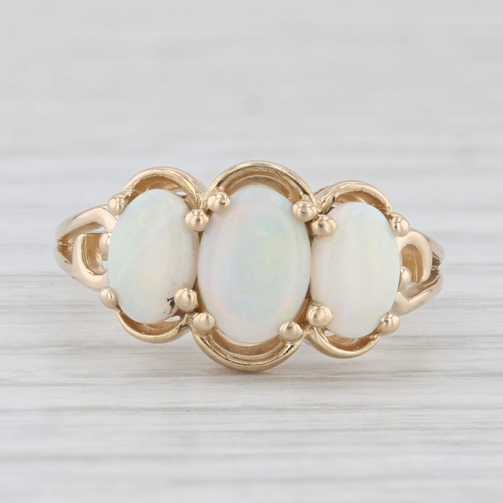 Light Gray Oval Opal 3-Stone Ring 14k Yellow Gold Size 4.75