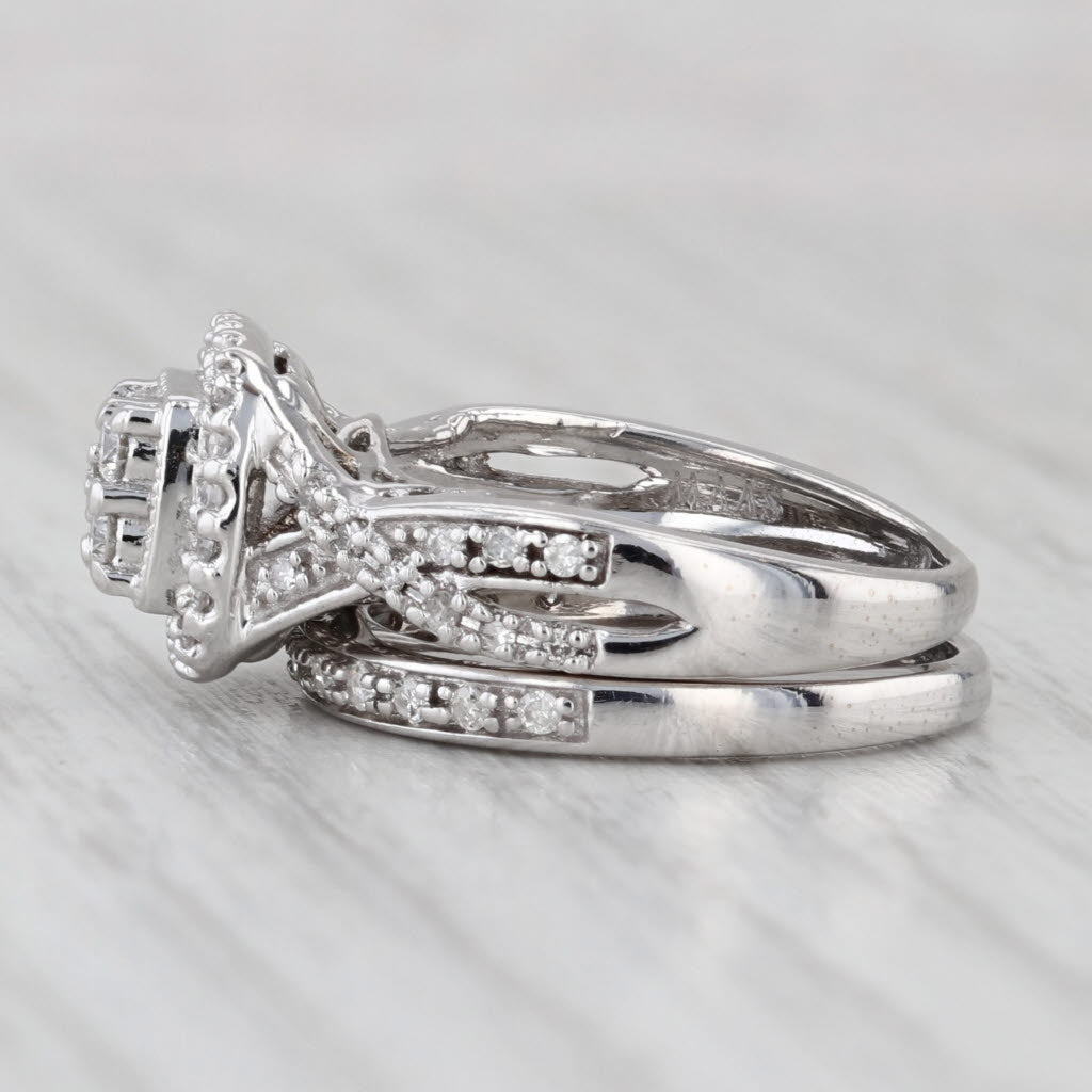 Light Gray 0.31ctw Diamond Halo Engagement Ring Wedding Band Bridal Set 14k Gold Size 4.75