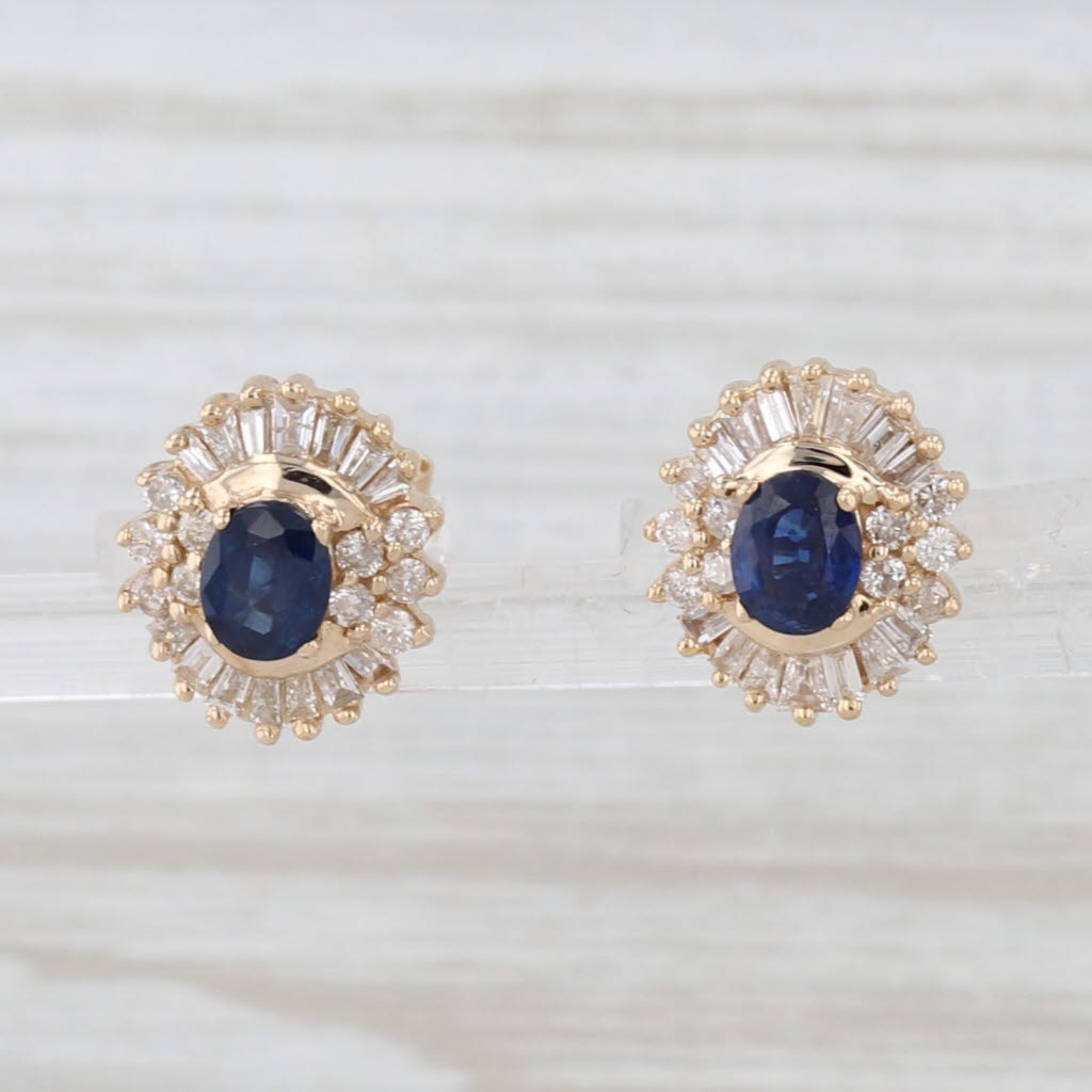 Light Gray 1.10ctw Oval Blue Sapphire Diamond Halo Stud Earrings 14k Yellow Gold