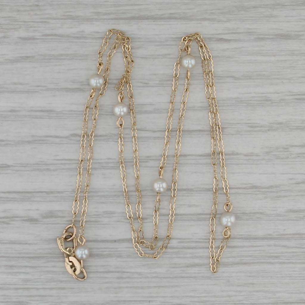 18.25" Cultured Pearl Bead Station Necklace 14k Yellow Gold Crinkle Chain