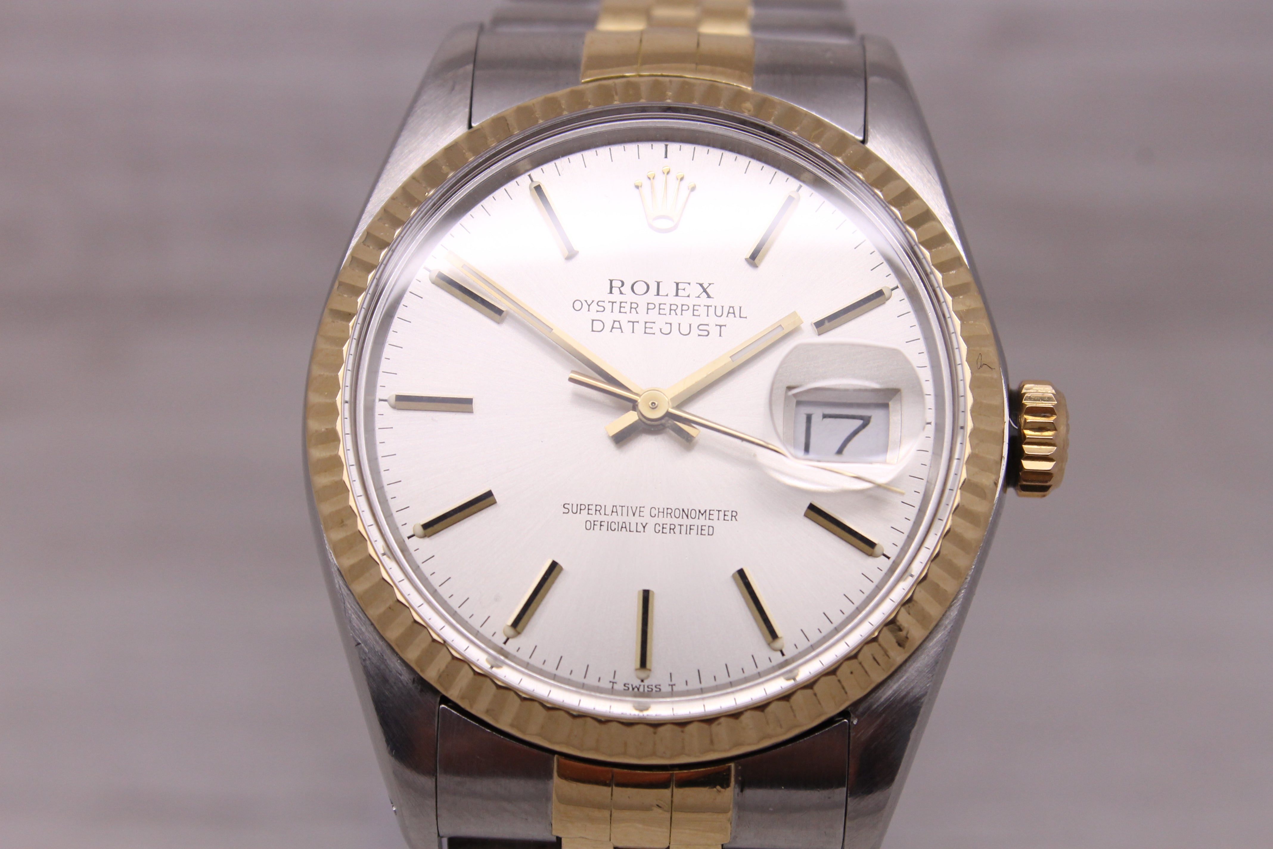 Light Slate Gray Vintage 1987 Rolex Datejust 16013 18k & Steel Mens Automatic Watch Jubilee