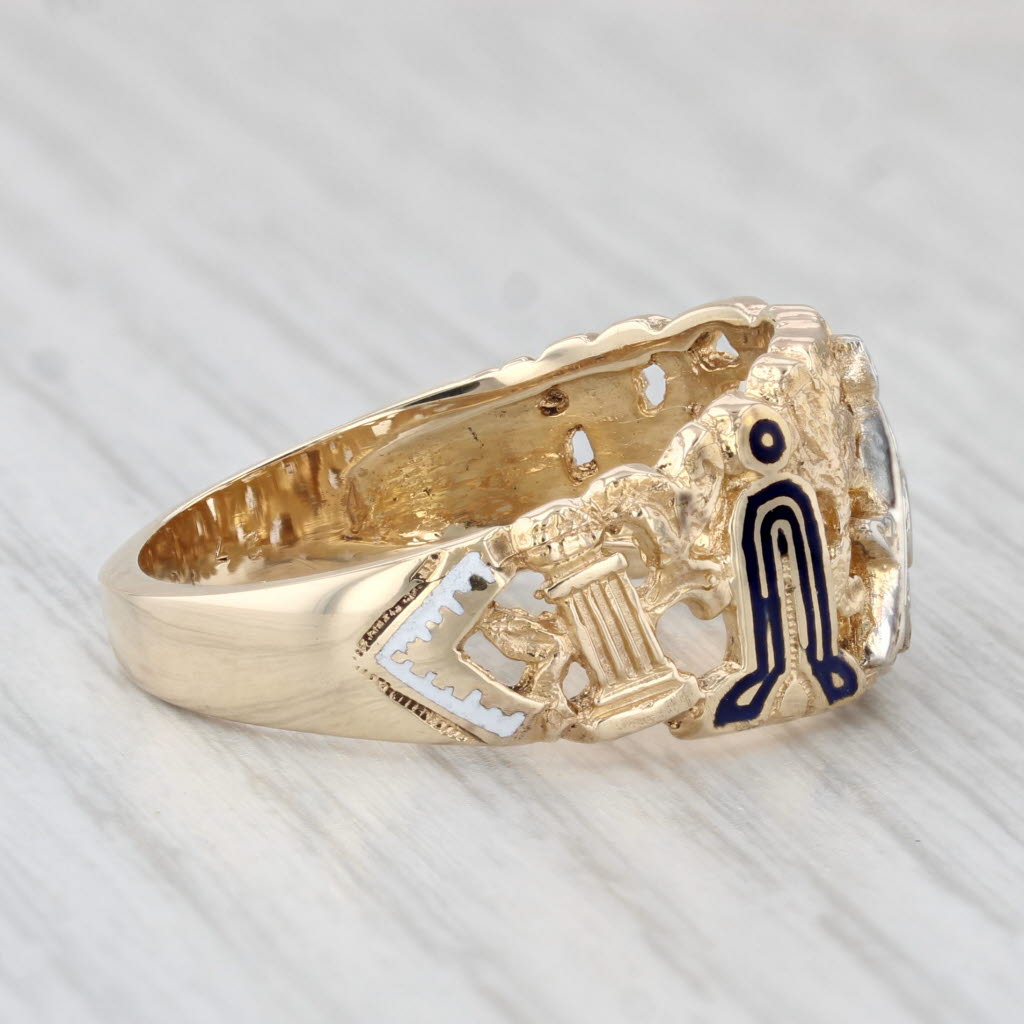 Light Gray Masonic Signet Ring 10k Yellow Gold Enamel Blue Lodge Square Compass Size 11