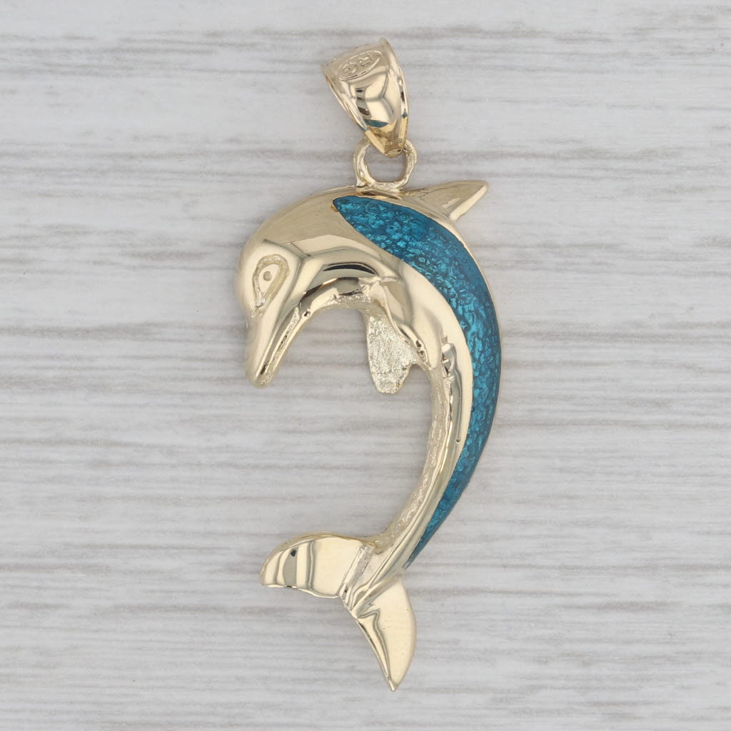 Gray Dolphin Pendant 14k Yellow Gold Turquoise Resin Nautical Jewelry