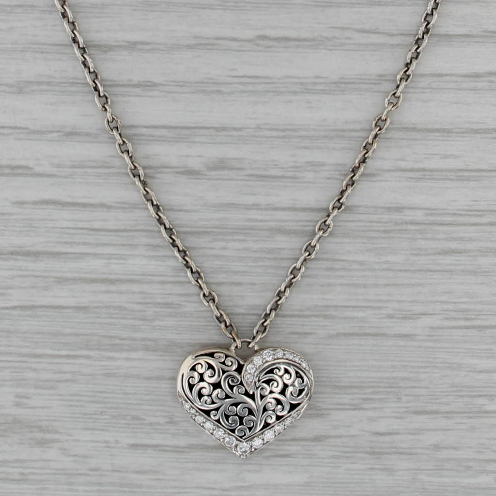 Lois Hill Diamond Ornate Heart Pendant Necklace Sterling Silver Cable Chain