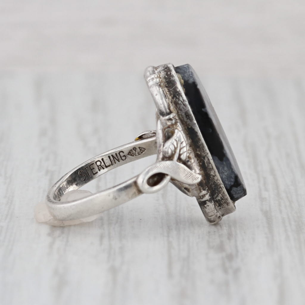 Vintage Obsidian Glass Snowflake Signet Ring Sterling Silver Size 4 Leaf Accents