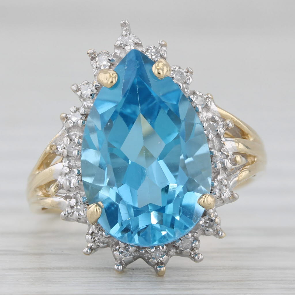 Gray 7.07ctw Pear Blue Topaz Diamond Halo Ring 10k Yellow Gold Size 4.5