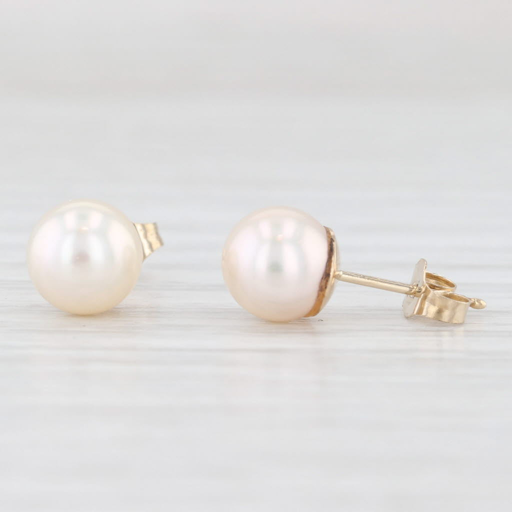 Light Gray 6.6mm Cultured Pearl Stud Earrings 14k Yellow Gold Round Solitaire Studs