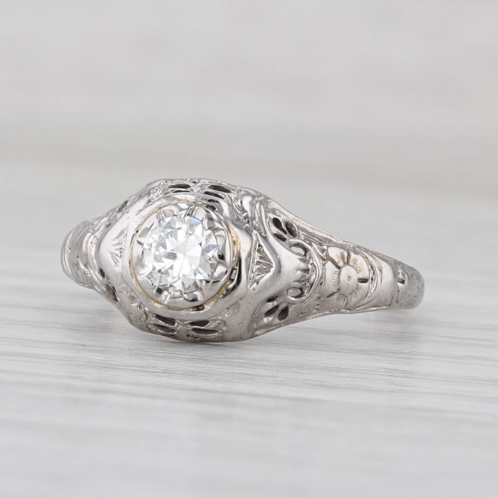Art Deco 0.36ct Diamond Solitaire Engagement Ring 18k White Gold Filigree