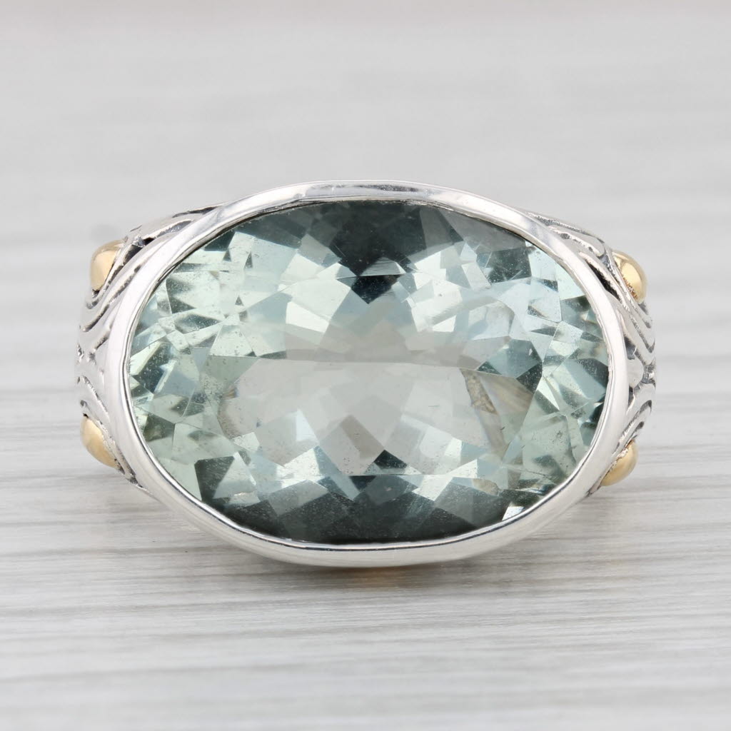 Light Gray 12ct Oval Praisiolite Ring Sterling Silver 18k Gold Size 7.25 Samuel Benham