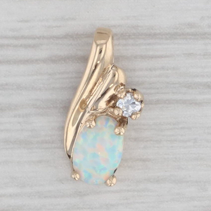 Gray Lab Created Opal Cubic Zirconia Pendant 10k Yellow Gold Small Teardrop