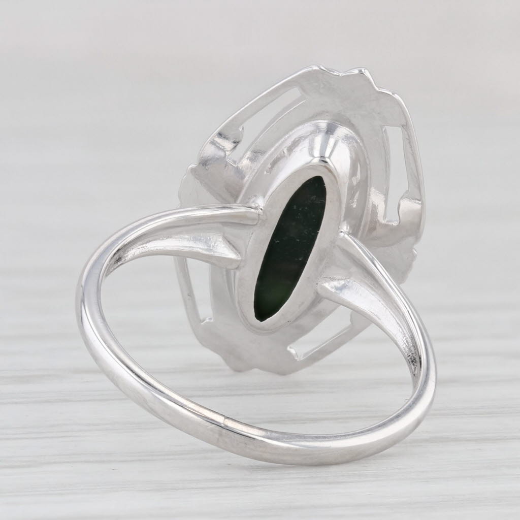 Light Gray Vintage Green Nephrite Jade Oval Cabochon Ring 10k White Gold Size 5.5