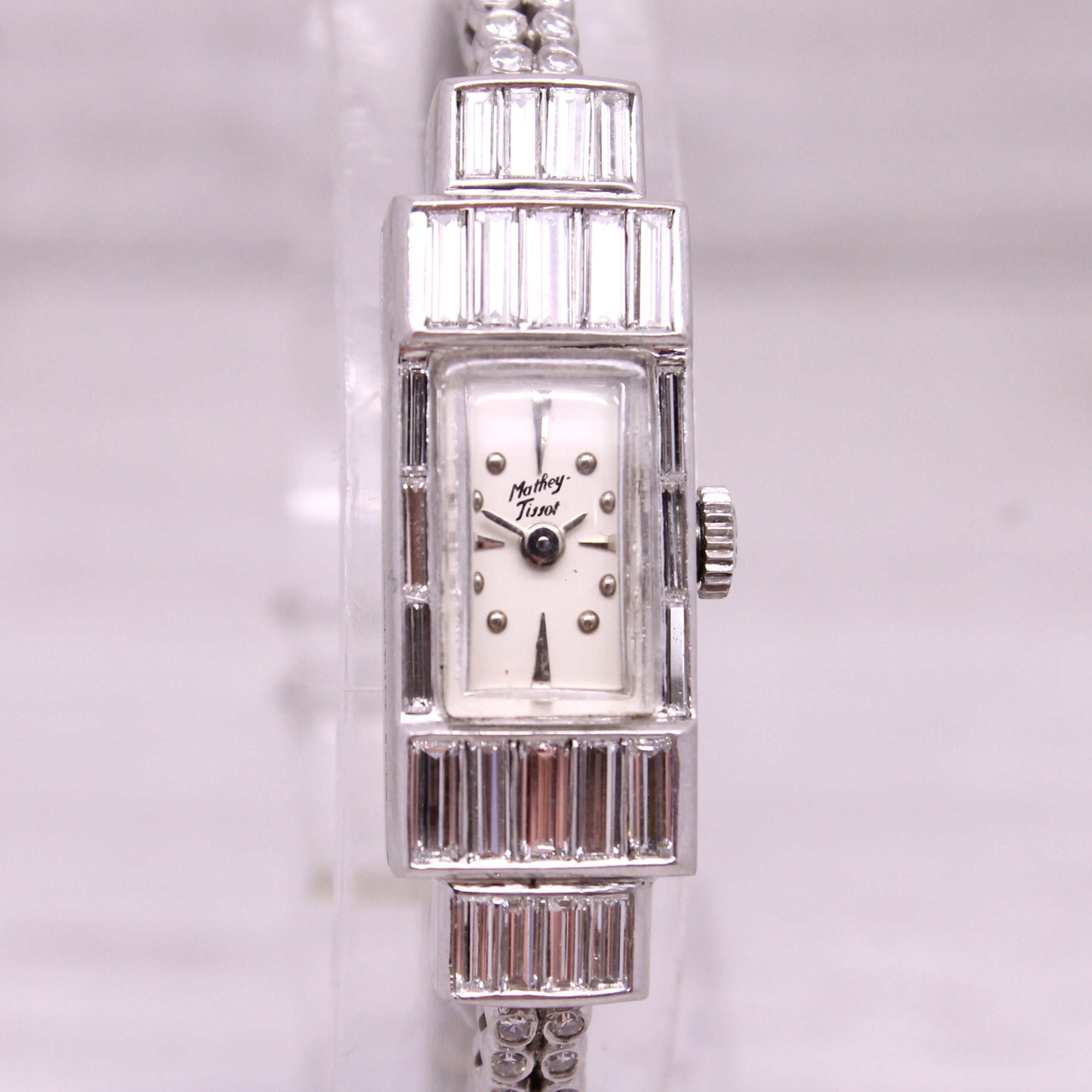 Thistle Vintage 1950s Mathey Tissot Platinum 3ctw Diamond Ladies Cocktail Watch Serviced