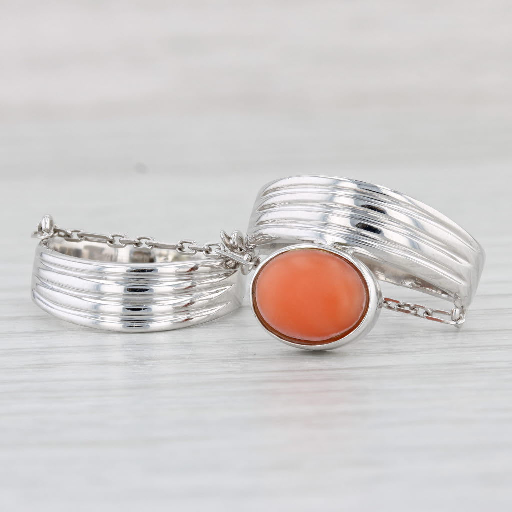 Light Gray Coral Linked 2 Ring Set 14k White Gold Size 8.75 & 7 Statement Unique Design