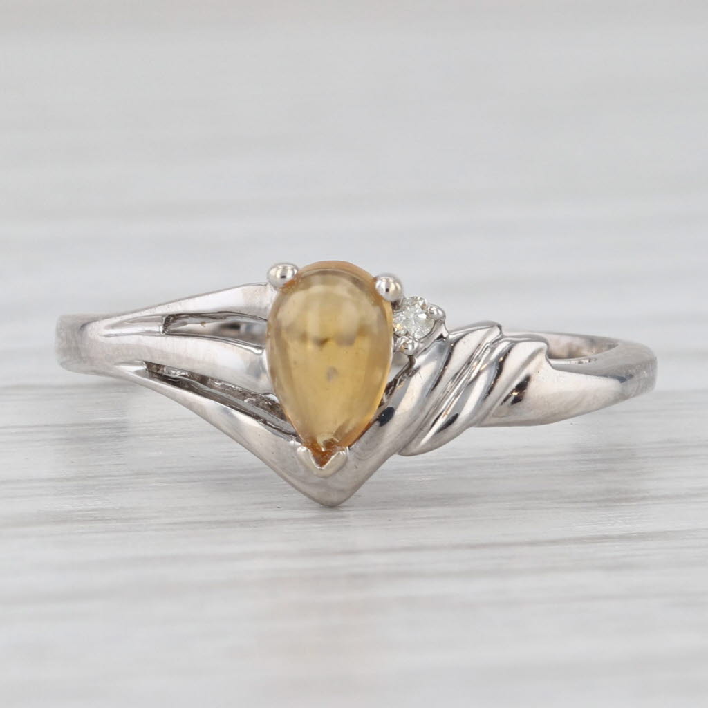 Light Gray Pear Cabochon Citrine Solitaire Ring 14k White Gold Size 7