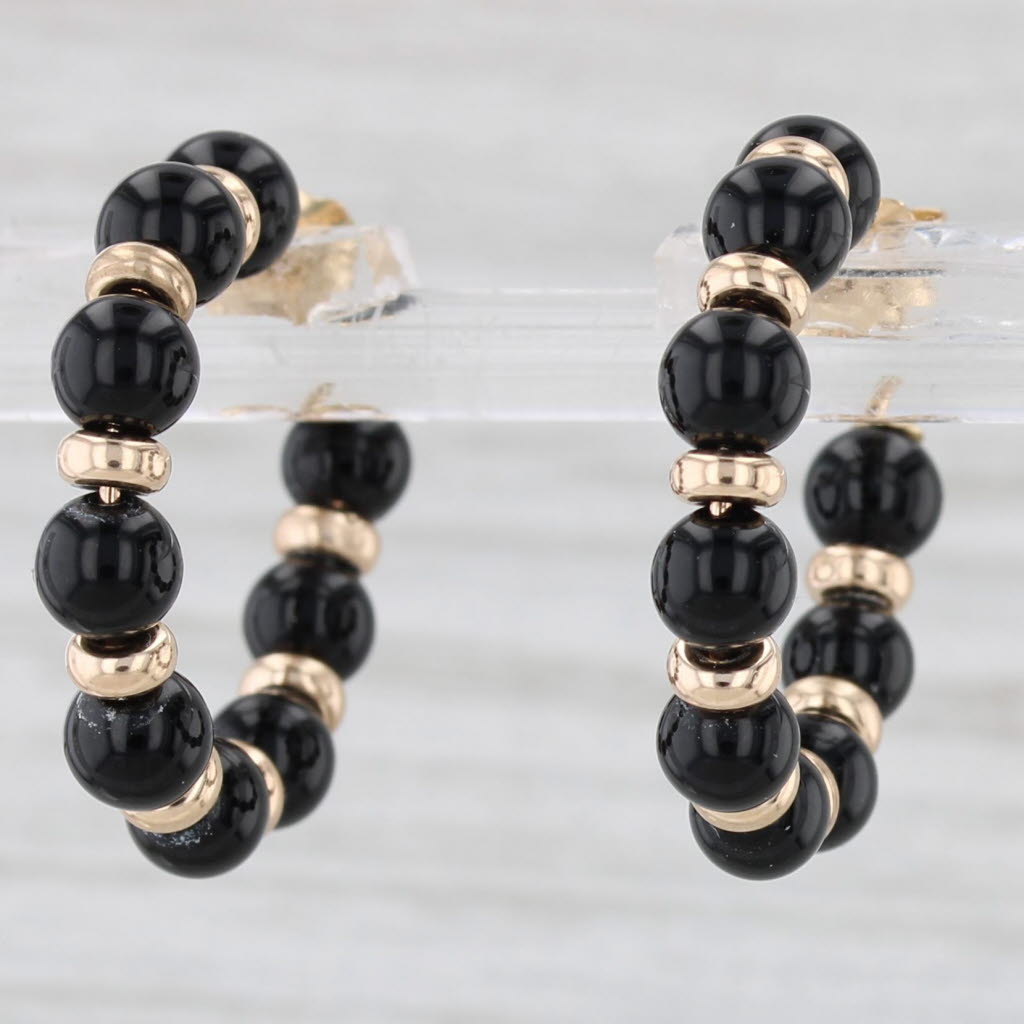 Light Gray Onyx Bead Hoop Earrings 14k Yellow Gold Round Hoops