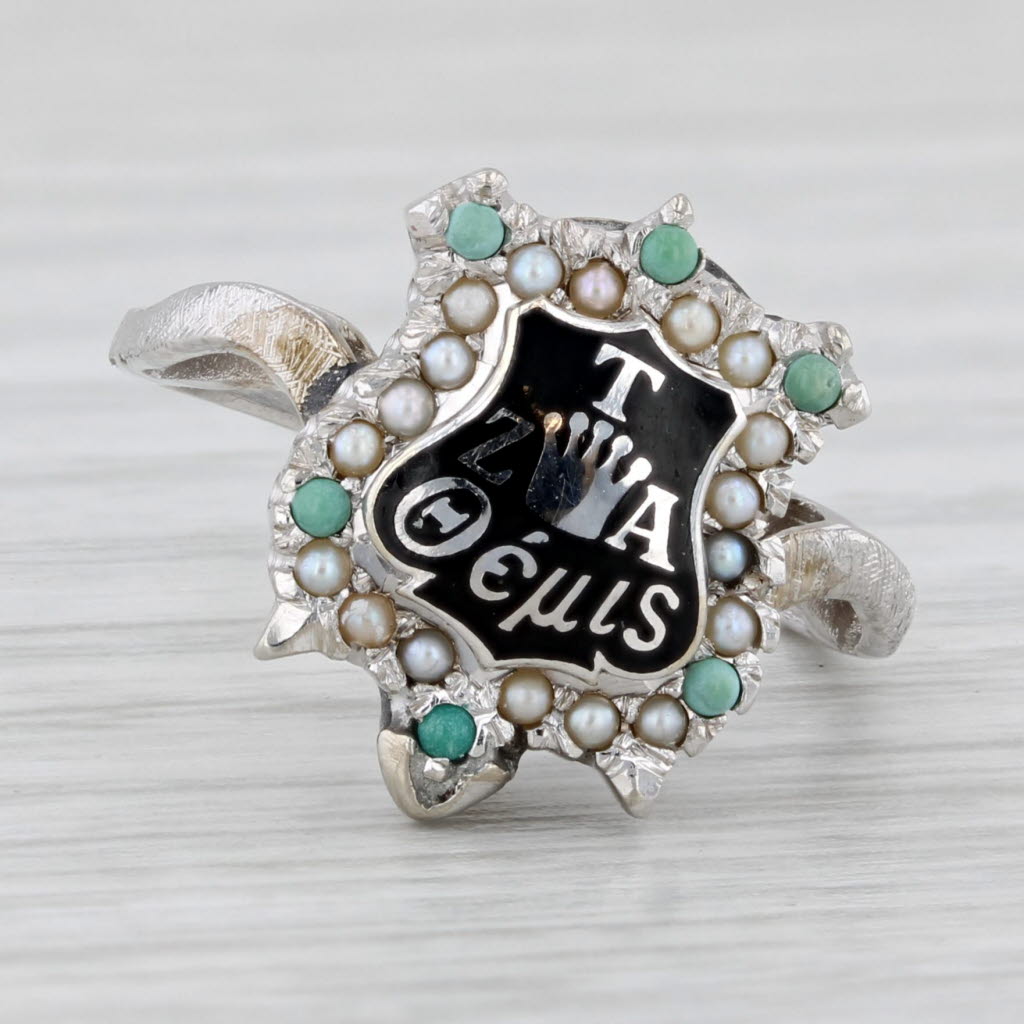 Light Gray Zeta Tau Alpha Sorority Badge Ring 14k Gold Turquoise Pearl Vintage Size 4.75