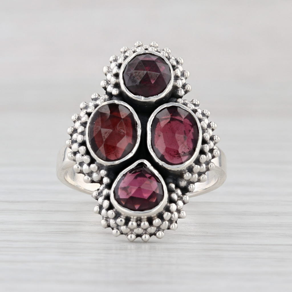 Garnet Cluster Ring Sterling Silver Size 9 Statement Cocktail