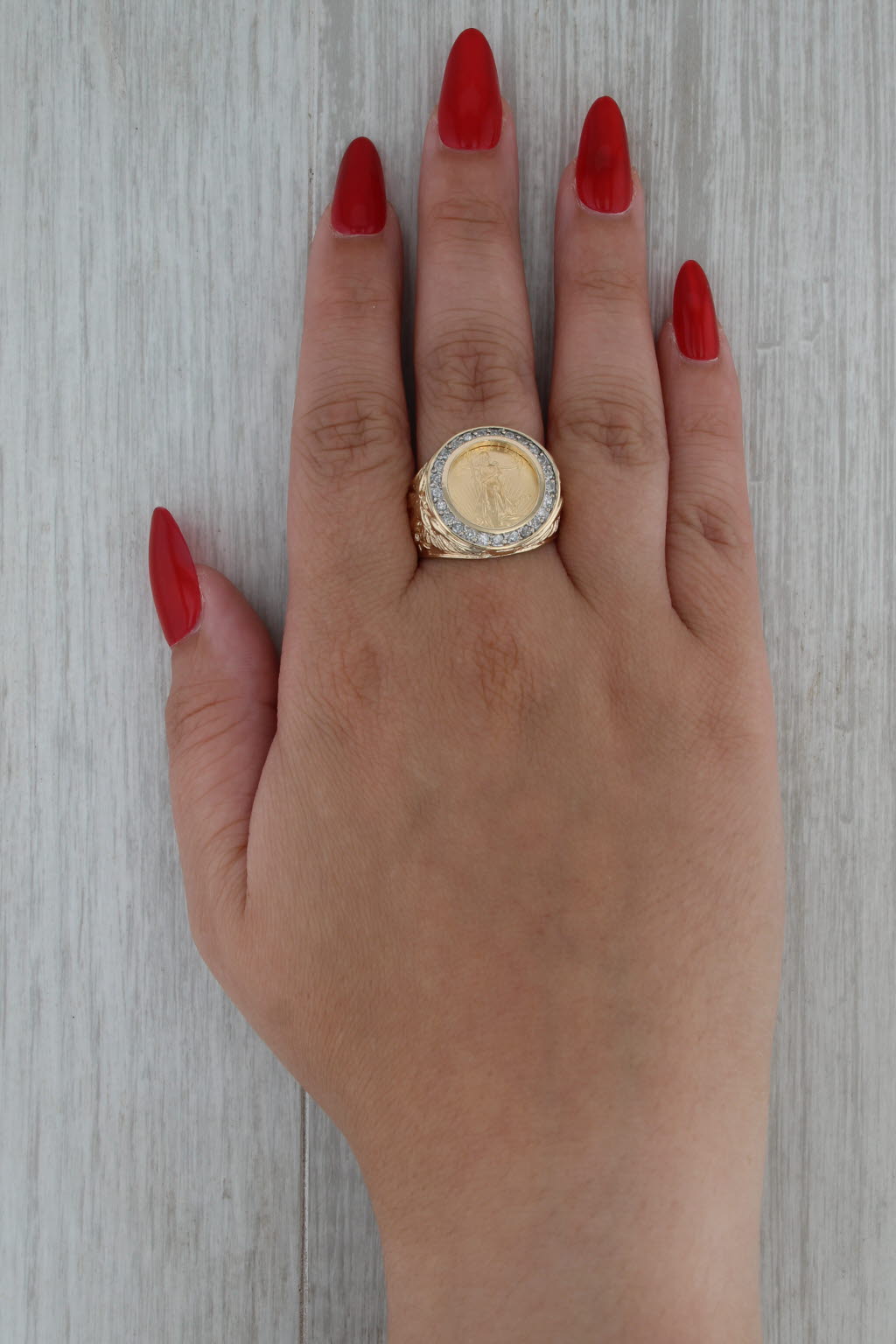 0.35ctw Diamond Halo American Gold Eagle Coin Ring 10k 22k Gold Size 12.5