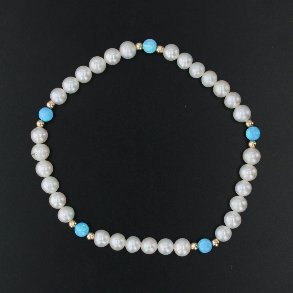 New Cultured Pearl Lab Created Blue Opal Strand Bracelet 6.5" Stretchy