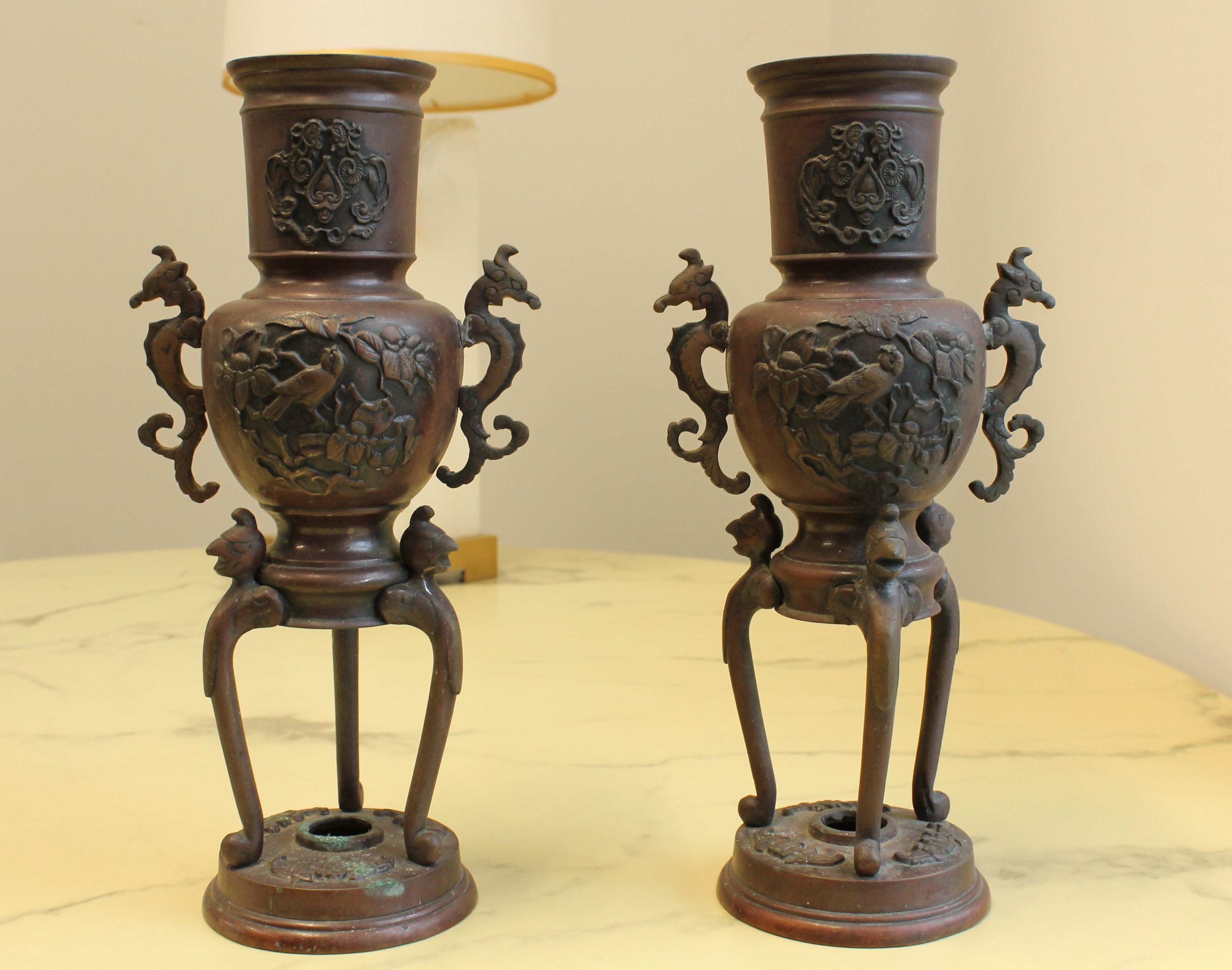 Antique Japanese Bronze Decorative Urns Pair 11" Bird Motif Seahorse Handles