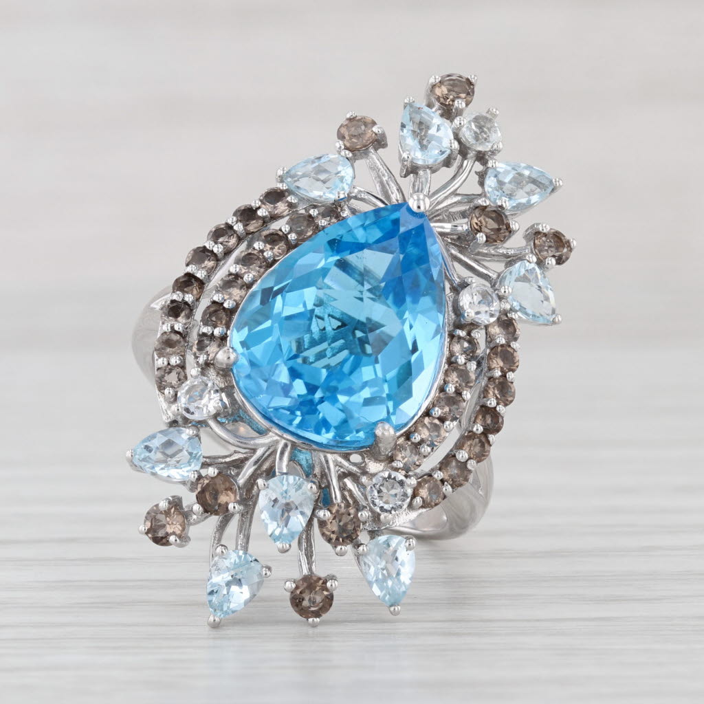 Le Vian 12.08ctw Blue White Topaz Smoky Quartz Ring 14k White Gold Cocktail