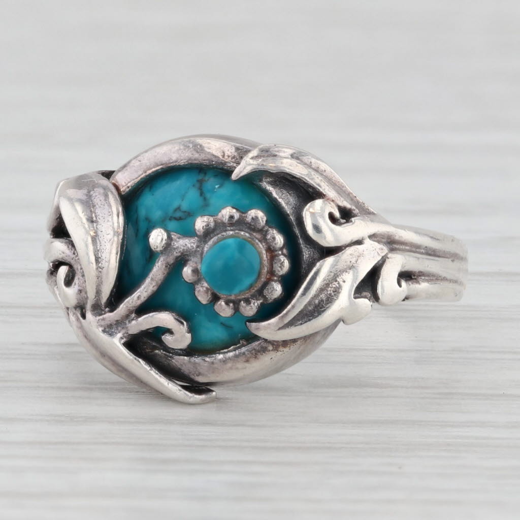 Light Gray Turquoise Flower Ring Sterling Silver Size 6 Vintage Ornate Floral