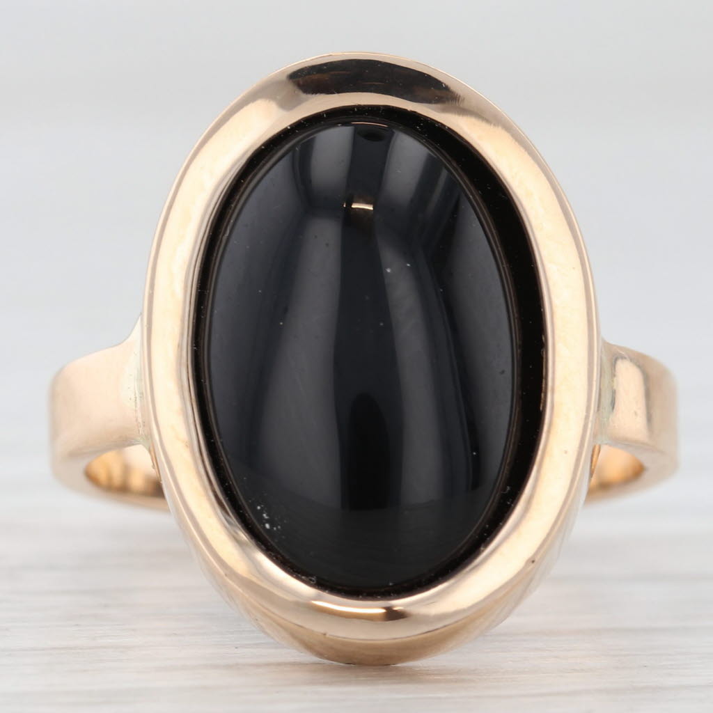 Dark Slate Gray Oval Cabochon Onyx Solitaire Ring 14k Yellow Gold Size 7 Vintage