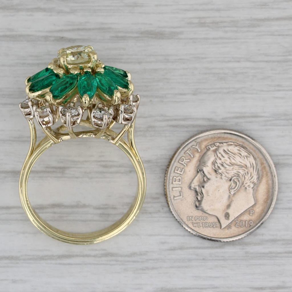 Gray 3.59ctw Lab Created Emerald Diamond Flower Ring 18k Gold Vintage Cocktail Sz 6.5