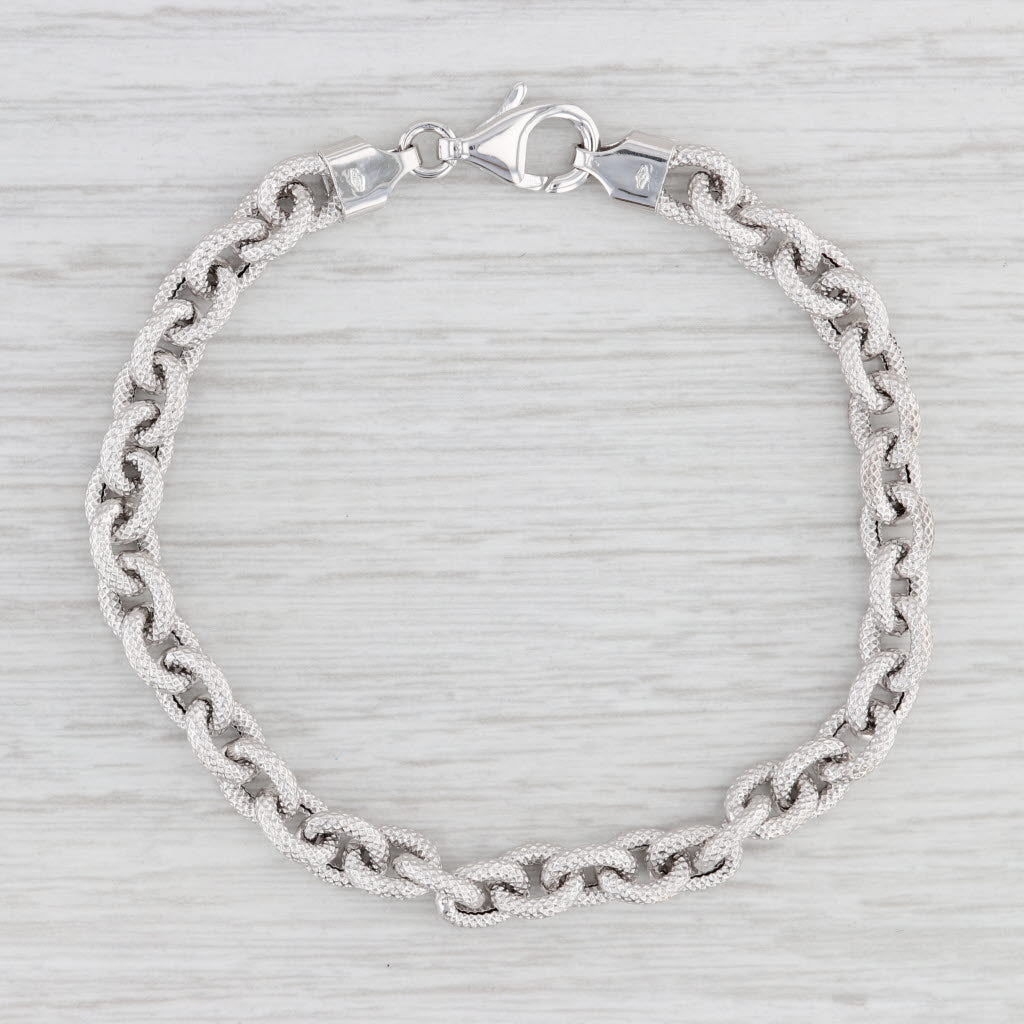 Light Gray 7.25" Hammered Cable Chain Bracelet 18k White Gold Italy 6.1mm