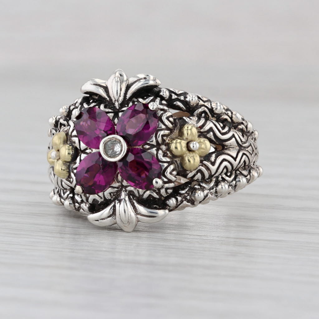Bixby Garnet White Topaz Flower Ring Sterling Silver 18k Gold Cocktail Statement