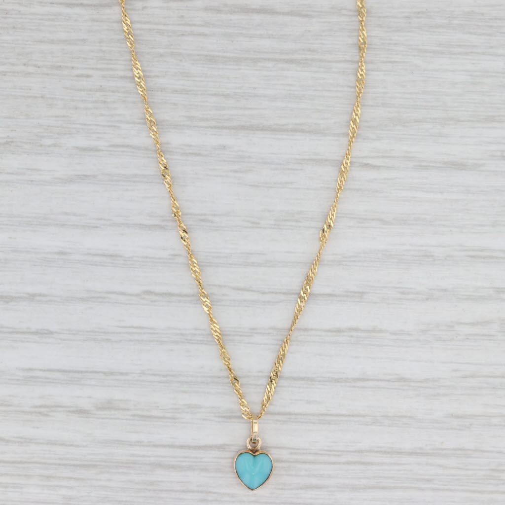 Blue Glass Small Heart Pendant Necklace 14k Yellow Gold 20" Singapore Chain