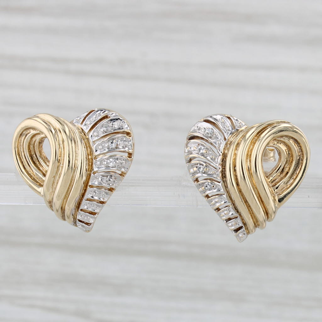 Light Gray Diamond Scalloped Heart Earrings 10k Yellow White Gold Studs