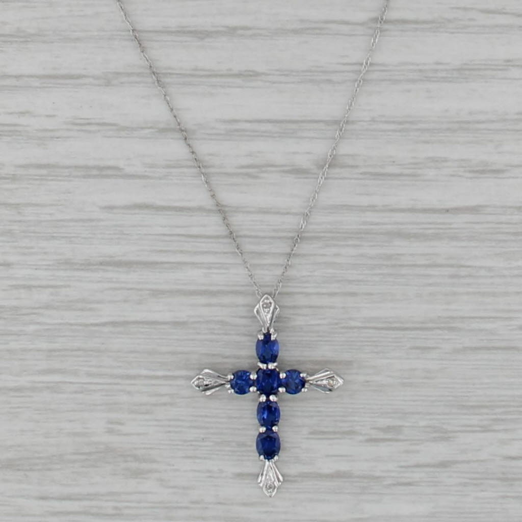 1.12ctw Lab Created Blue Sapphire Diamond Cross Pendant Necklace 18" Rope Chain